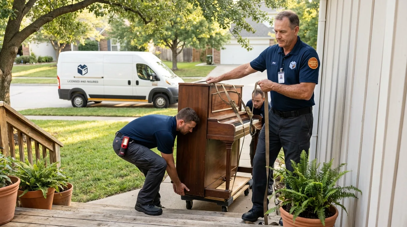 Licensed piano movers securing grand piano in Gloucester Point, VA