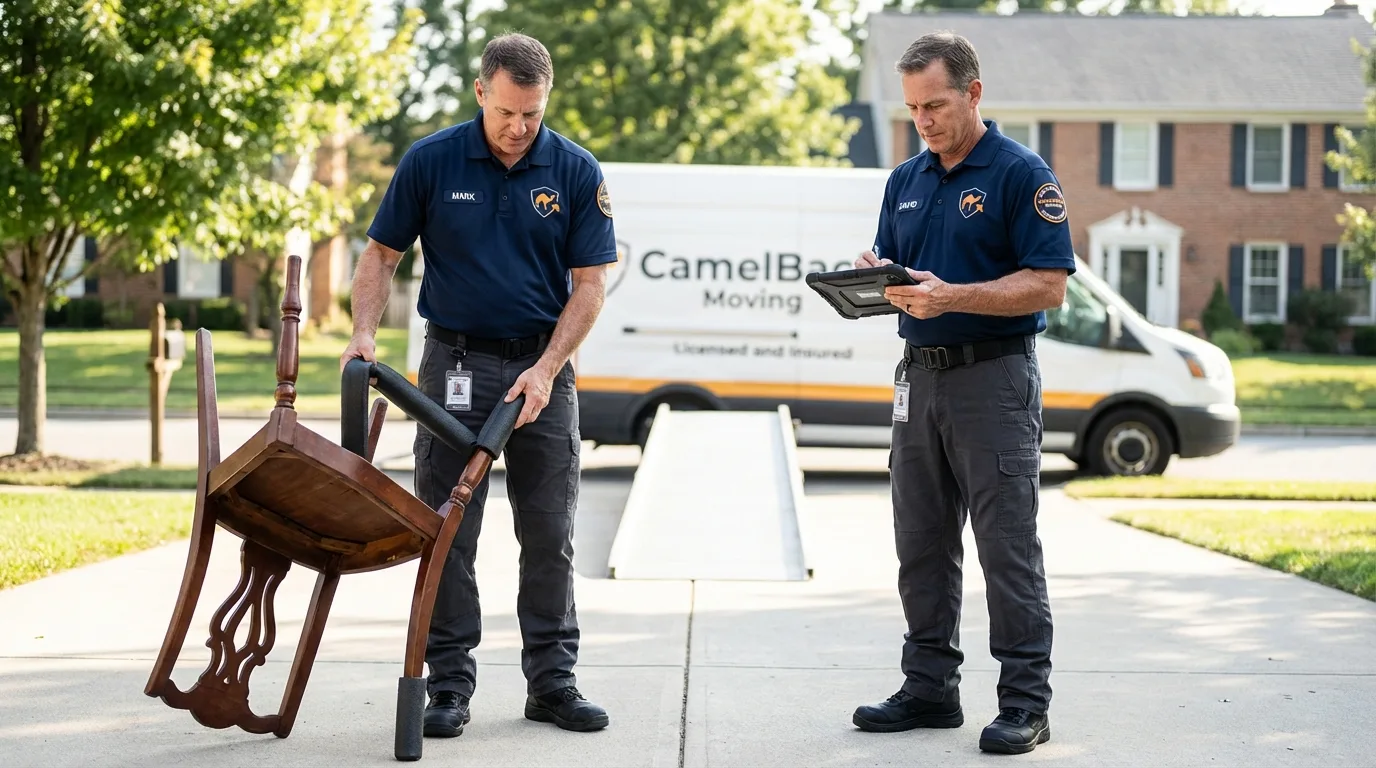 Movers inspecting furniture for damage prevention before loading in Gloucester Point, VA