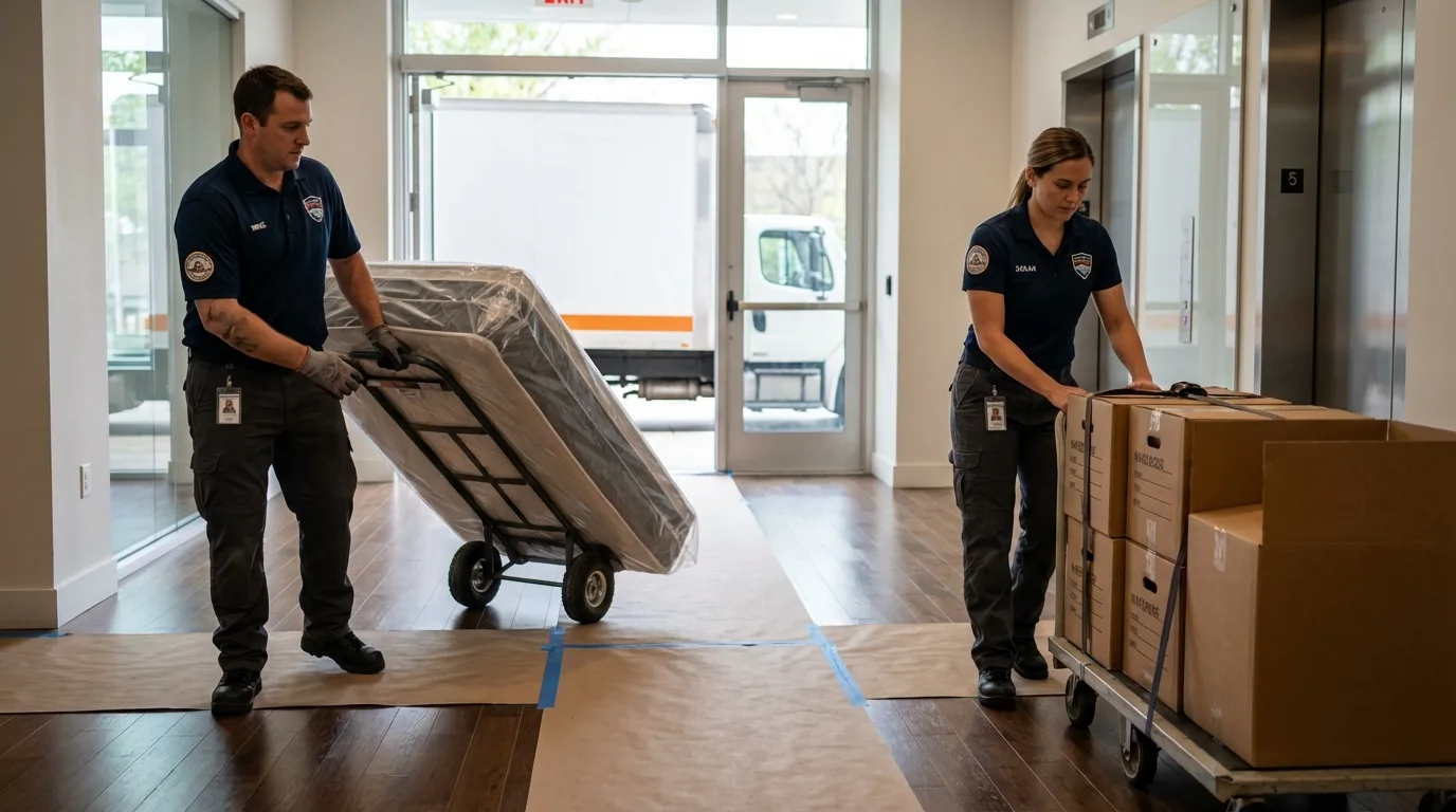 Professional apartment movers loading elevator in Gloucester Point, VA